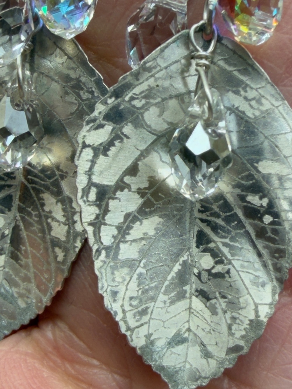 Silver tone Leaf Drop Earrings with Crystal Accents - Picture 2 of 3